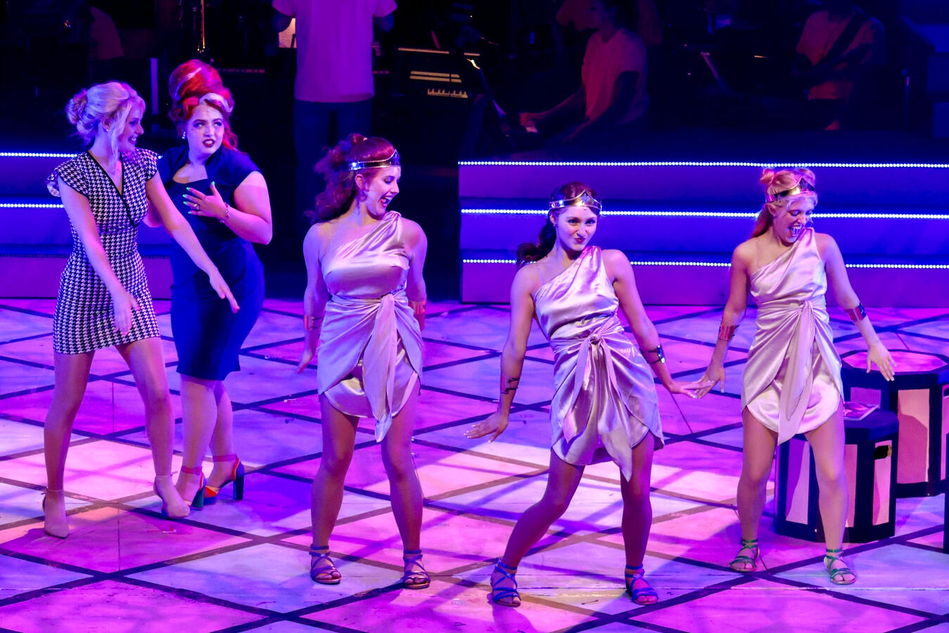 Greek chorus dresses altered by me. Grace Hayes as Paulette, Ryanne Trench as Elle Woods, and Kate Mullis, Riley Ready, and Kara Jean Spindle as The Girls from Delta Nu in WCU&#39;s Legally Blonde. Photo by Ben Howard